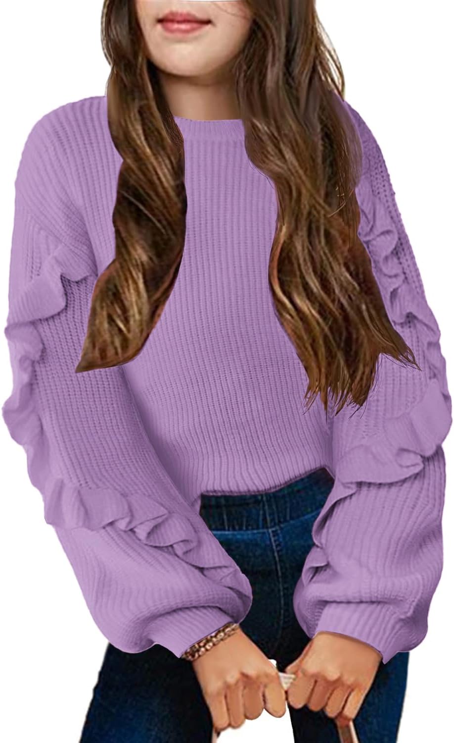 Arshiner Girls Long Lantern Sleeve Sweaters Crew Neck Knit Pullover Jumper Top