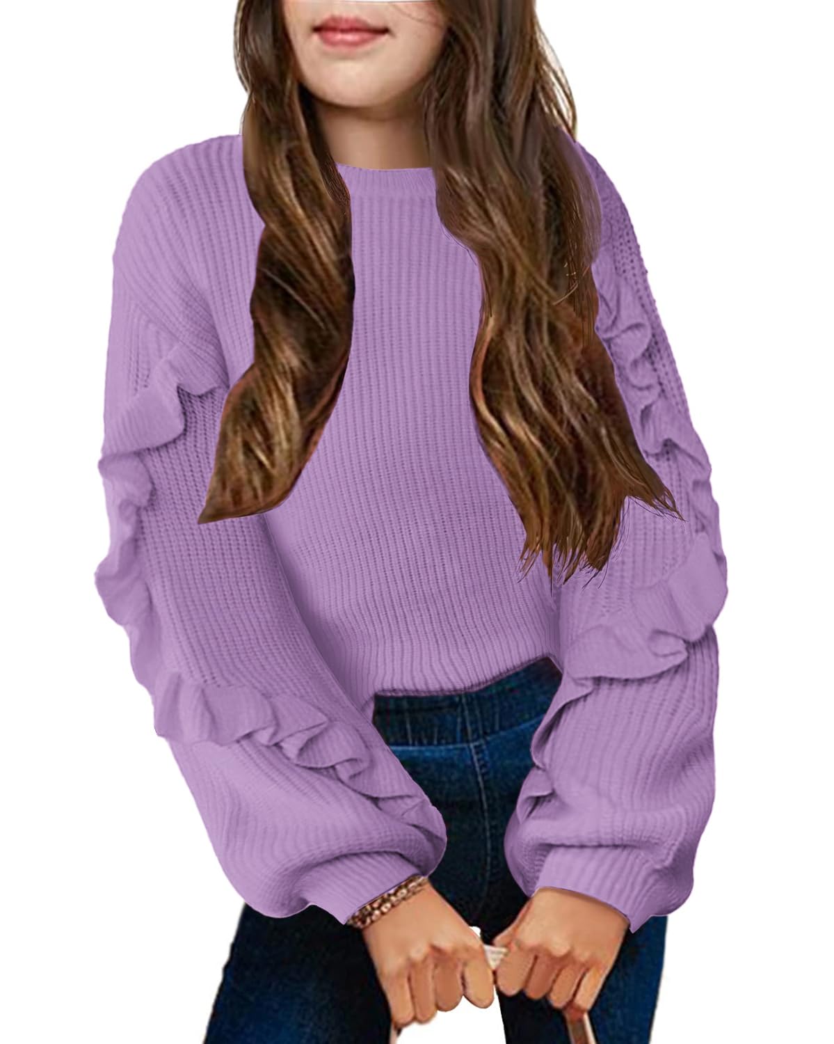 Arshiner Girls Long Lantern Sleeve Sweaters Crew Neck Knit Pullover Jumper Top