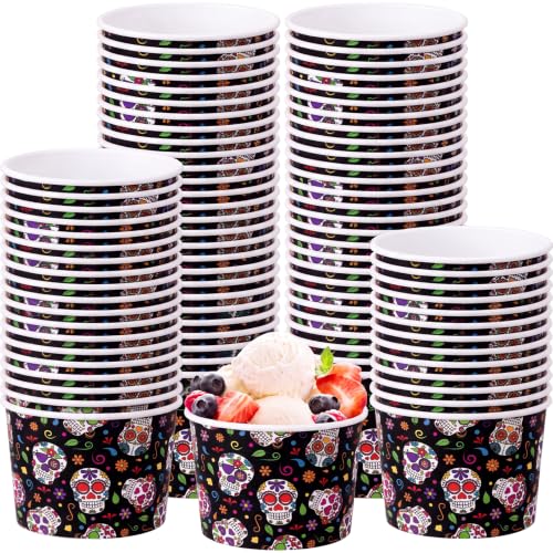 Image of Funnymoom 50 Pack Day of the Dead Paper Ice Cream Cups 9 oz Sugar Skull Disposable Dessert Bowls Soup Bowls Dia De Los Muertos Treat Snack Cups for Hot or Cold Food Halloween Mexican Party Supplies