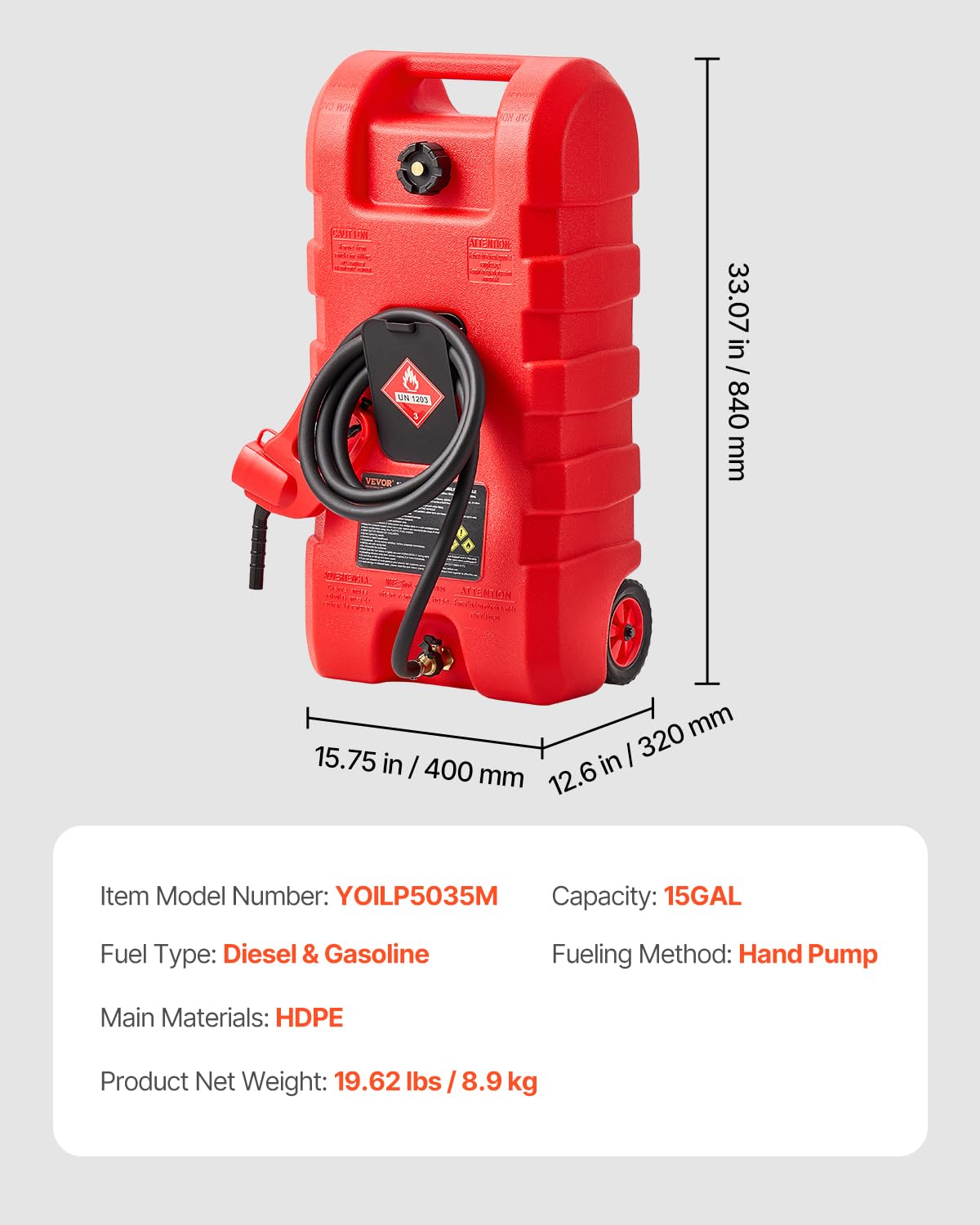 VEVOR Serbatoio di Carburante Portatile 56,78 L Modalità Pompa a Gravità e Manuale, Contenitore per Serbatoio di Carburante con Ruote, Tubo di Mandata 3,04 m e Pompa Manuale, per Motoscafi, Benzina
