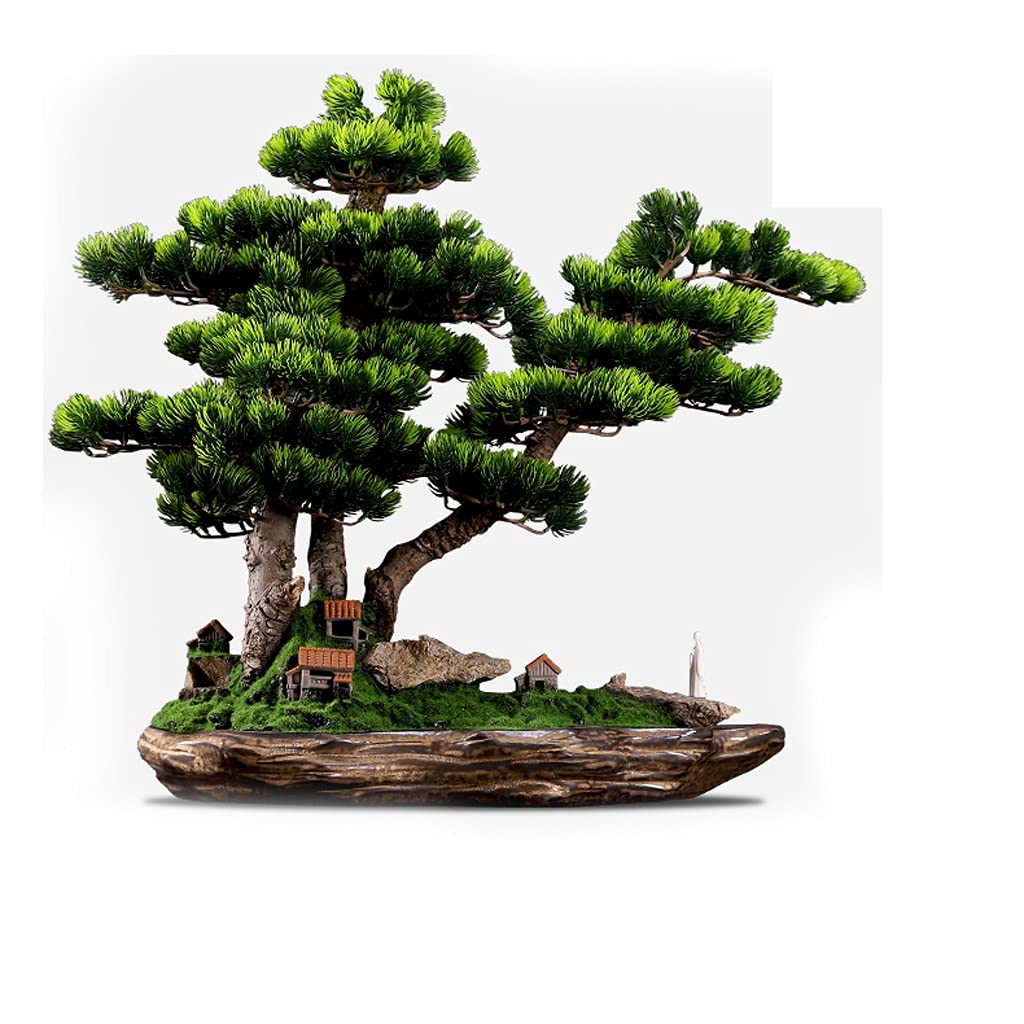 WOTZOV Fake Plants Artificial Tree Bonsai Chinese-Style Country Beautification With Cliffs And Figures Ceramic Huts Artificial Moss Zen Artificial Potted Plants Bonsai Tree,Grey