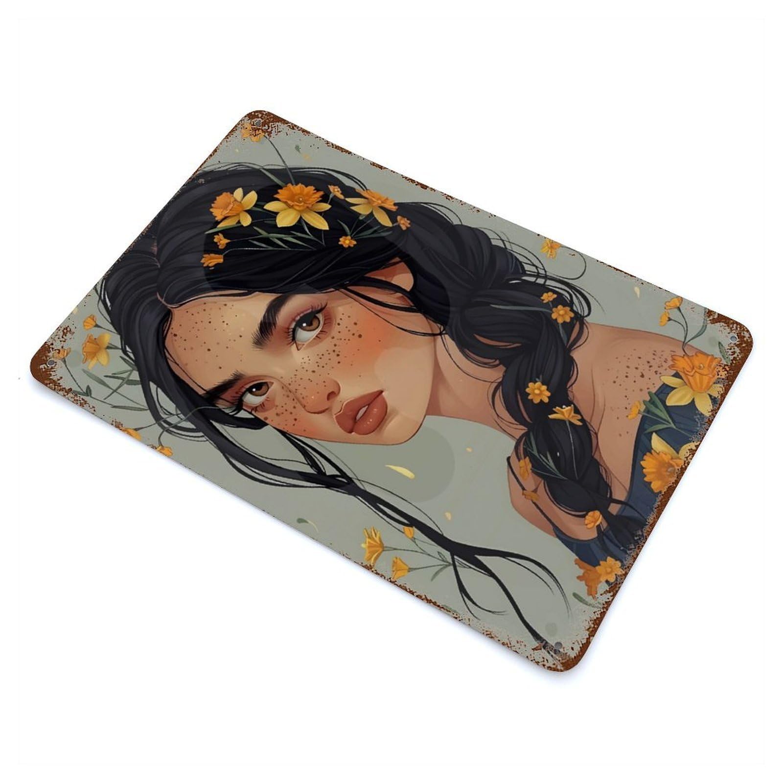 Woman with Flowers in Hair Rusty Metal Tin Sign 11.8"x7.9", Ideal for Shed, Workshop And Garage Wall Decor