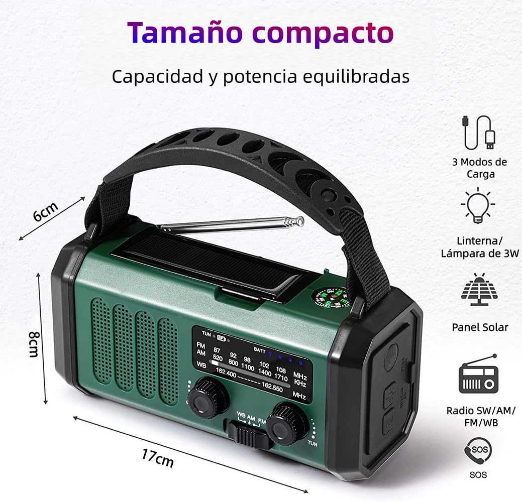 Radio de Emergencia Solar y Manivela 20000mAh, Radio FM/Am Portátil con Linterna, Luz de Lectura, SOS y Cargador USB para Apagones, Camping y Emergencias