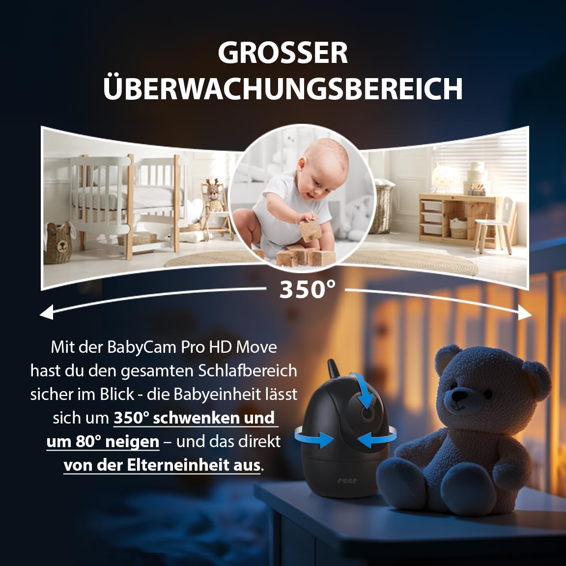 reer BabyCam Pro HD Move | Digitales Video-Babyphone mit FHSS-Technologie | Großer 5" HD-Bildschirm | 300m Reichweite | schwenk- & neigbare Kamera mit Nachtsicht und 4-fach Zoom