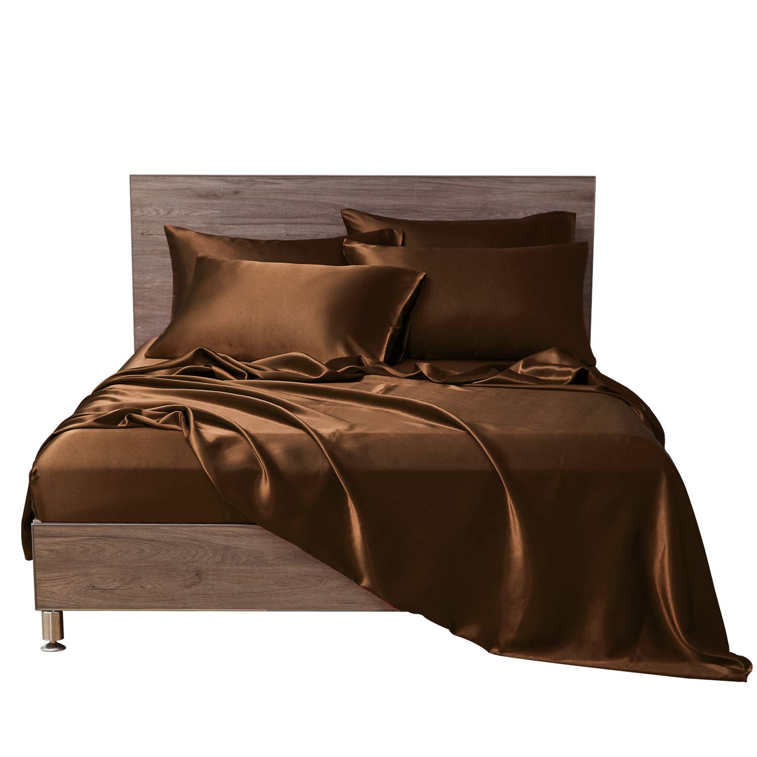 MR&HM Satin Bed Sheets, Queen Size Sheets Set, 6 Pcs Silky Bedding Set with 15 Inches Deep Pocket for Mattress(Queen, Brown)
