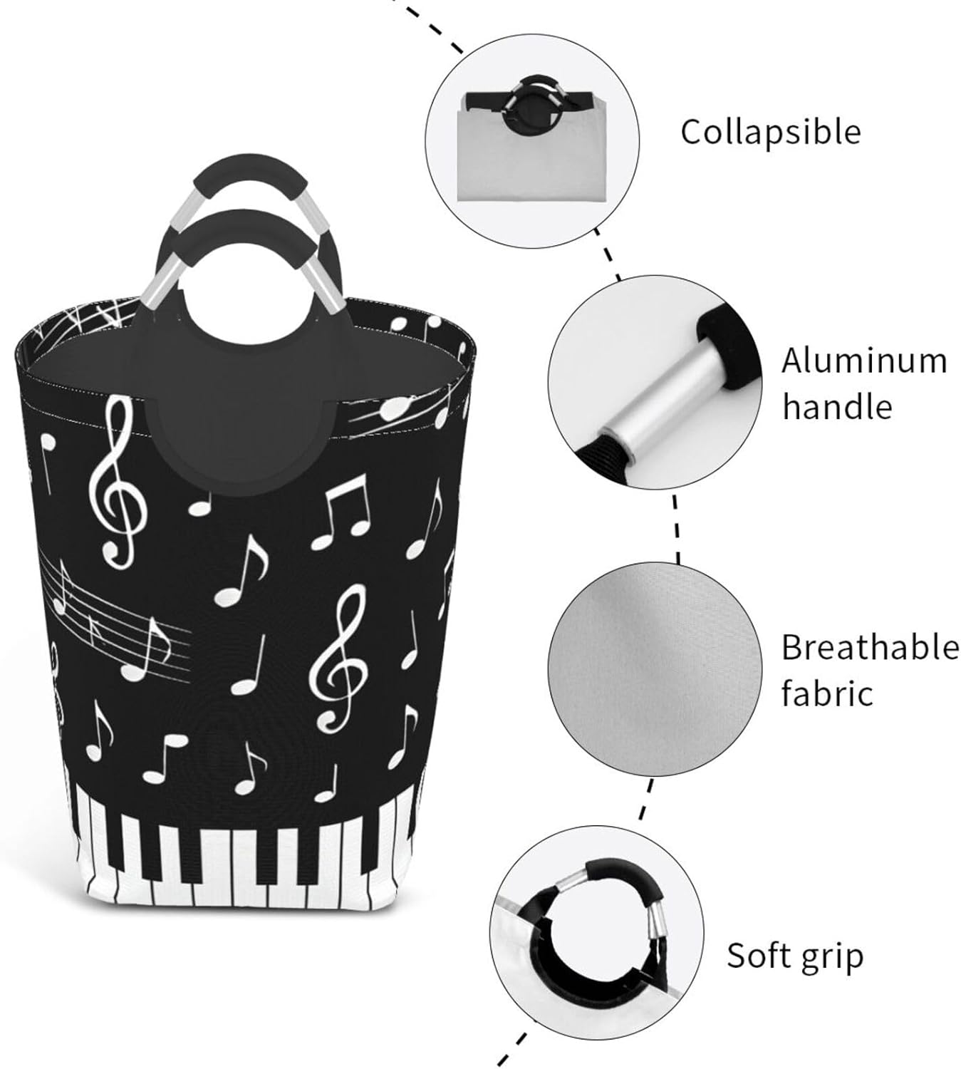 50l Laundry Basket Piano Keys Notes Waterproof Laundry Hamper Foldable Clothes Laundry Bag With Handles