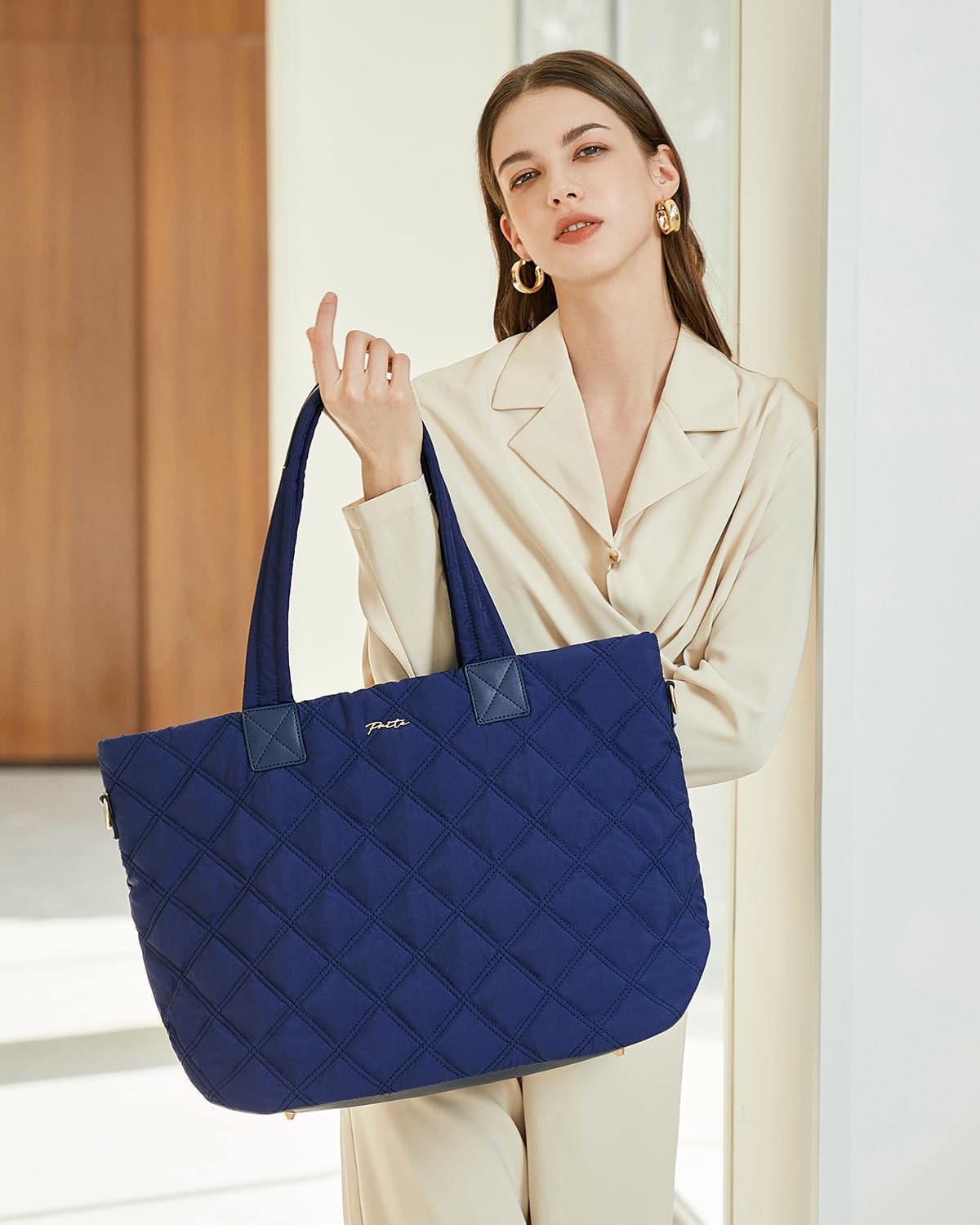 Prite Tote Bag for Women Lightweight Puffer Tote with Compartment Quilted Work Bag - Image 2