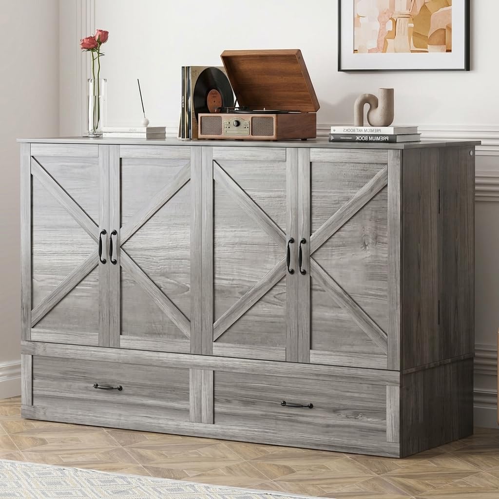 Mjkone Murphy Bed Queen Grey with Mattress and USB