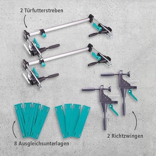 wolfcraft Türfutter-Montage-Set „PRO“ 12tlg. - Komplettset für die Montage von Türen inkl. Richtzwingen, Türfutterstreben und Ausgleichsunterlagen - geeignet für 60 bis 100cm breite Türen - 3679015