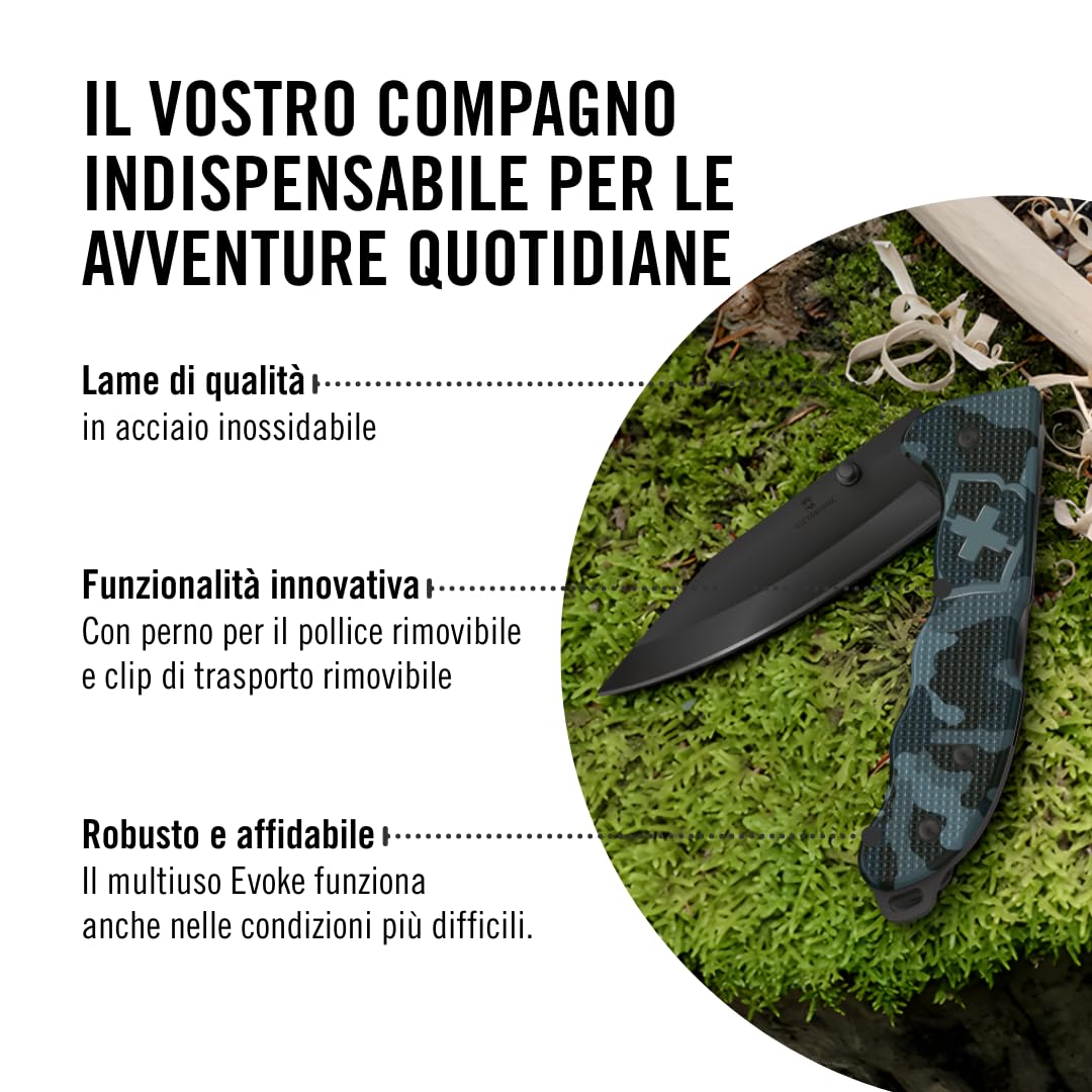 Victorinox Coltellino Svizzero Hunter Evoke BSH Alox, Multiuso, Outdoor, 4 Funzioni incl. Lama da 10 cm e Perno per Pollice, Blu Marino Mimetico
