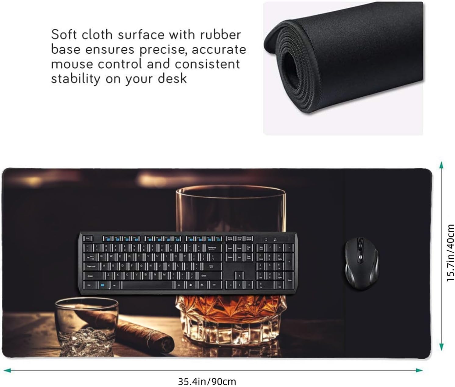Large Gaming Mousepad with Non-Slip Rubber Base Extended Laptop Desk Pad 35.5x16 inch Long Computer Keyboard MouseMat Whisky and Cigar Mousepad for Home Office Work