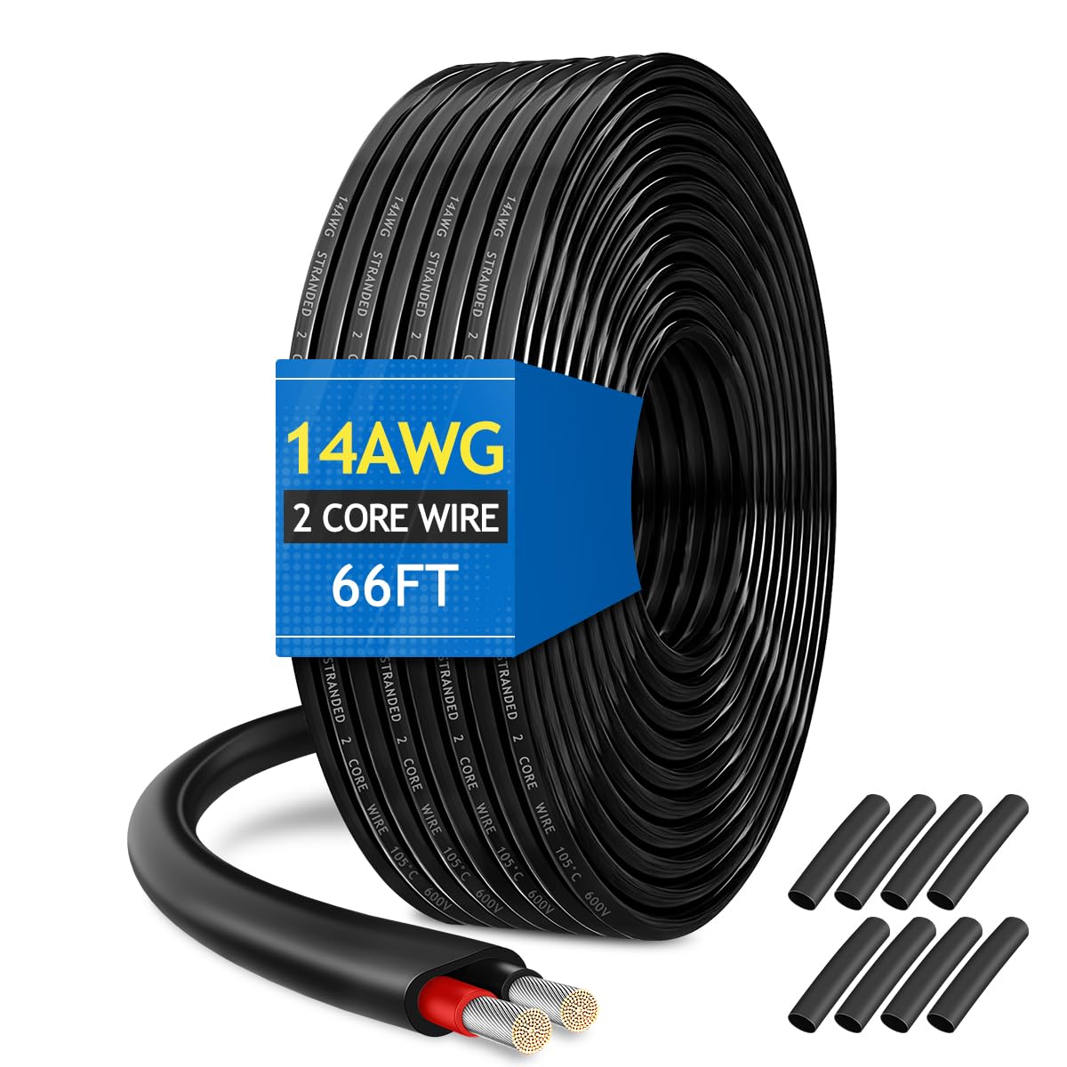14 Gauge 2x2mm² OFC Tinned Copper Electrical Wire, 14AWG 2 Core Oxygen-Free 66FT/20M Cable, 5V/12V/24V/240V/600V Flexible Wire Solid Stranded Tinned Cooper Cable for Auto Audio, Solar, Home Theater