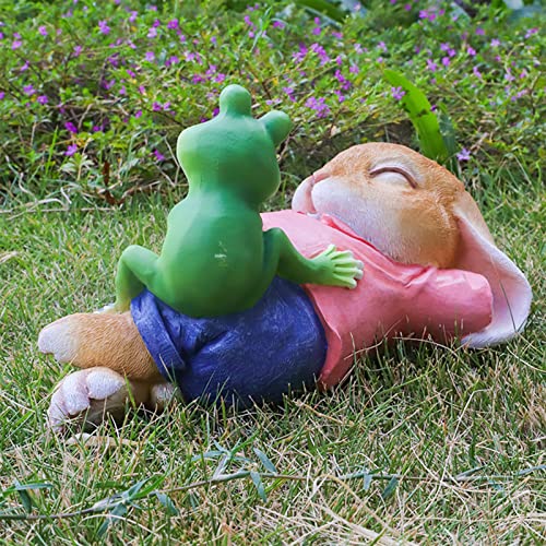 Syfunlv Deko Hasen für draußen,Groß Frosch Figur,25.5 x13x13.5cm Kaninchen mit Frosch Garten Statue Lustig Skulptur für Balkon, Am Teich, Grün Gartenfiguren ZubehöR Rasendekoration