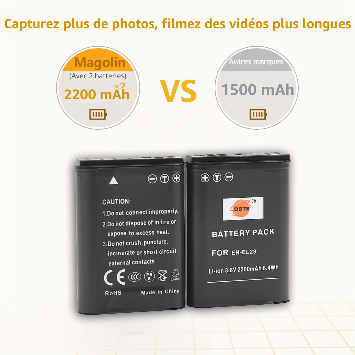 DSTE Lot de 2 Batteries de Rechange compatibles avec Les appareils Photo numériques EN-EL23 et Coolpix P600, P610, P610s, P900, P900s, S810c, B700