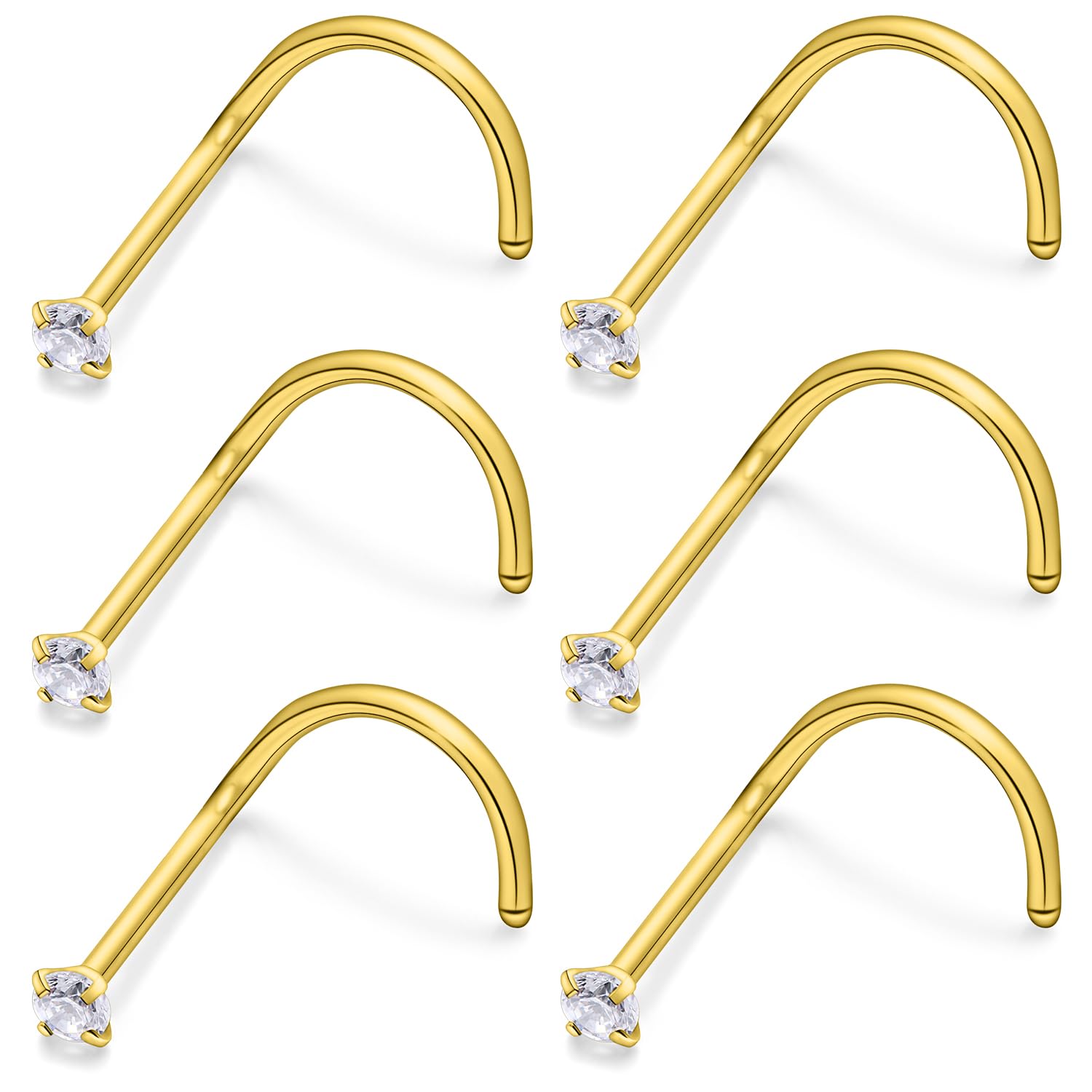 6Pcs Nose Rings Studs Surgical Steel L-Shape Nose Rings for Women 1.5mm Cubic Zirconia Nostril Screw Studs Hypoallergenic Nostril Piercings 24g 22g 20g