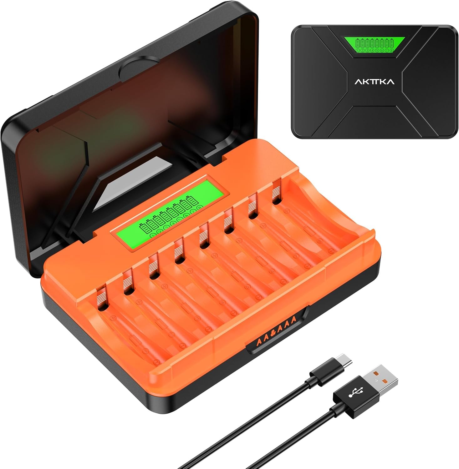 Chargeur de batterie universel à 8 emplacements pour AA/AAA NI-MH & NI-CD, avec écran LCD, surveillance de baie unique, port USB Type-C, pour batteries Mignon et Micro 1,2 V