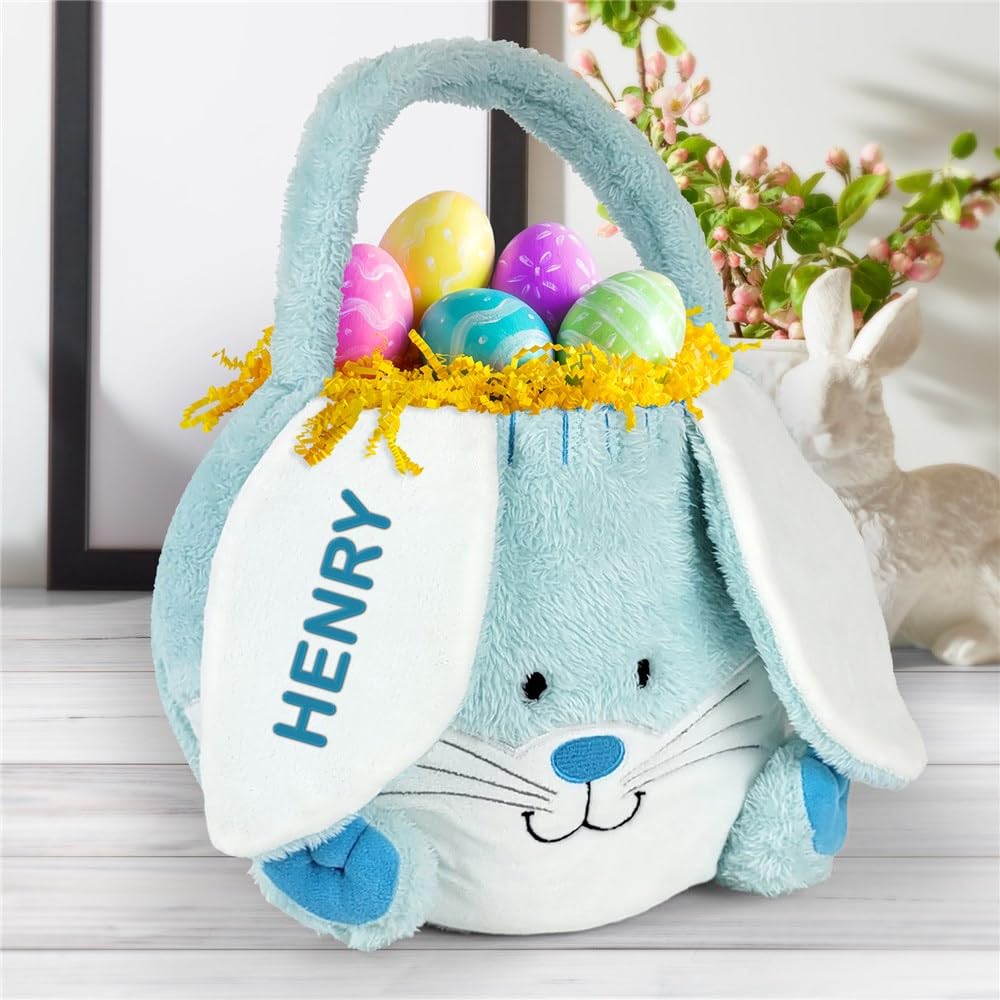 GiftsForYouNow Embroidered Plush Blue Bunny Personalized Easter Basket for Little Boys, Easter Egg Hunt Tote, Perfect for Toys and Candy, 10
