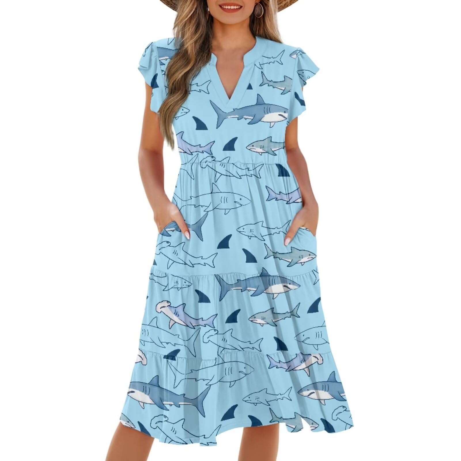 Womens Summer Dress Ruffle Sleeve V Neck Dress Casual Fit Flowy Beach Vacation Sundress with Pocket S-2XL