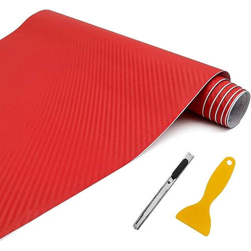 3D Matte Twill Carbon Fiber Car Vinyl Wrap, 12 x 60 inches Outdoor Rated for Automotive Use, Contain Knife and Hand Tool, Red