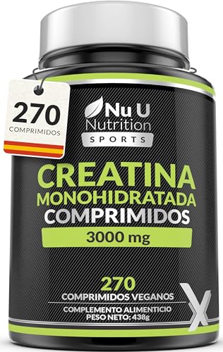 Monohidrato de Creatina 3000mg - 270 Comprimidos Veganos - Pre y Pos Entrenamiento - Suministro 3 Meses - Nu U Nutrition Sports