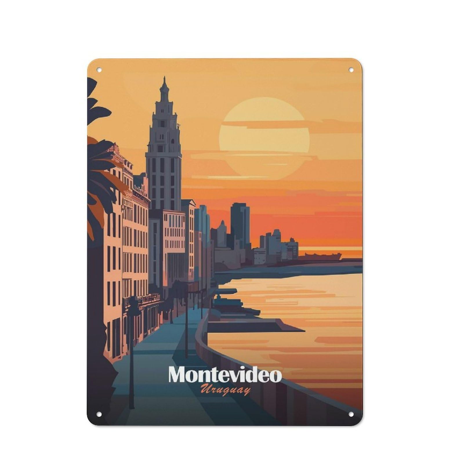 Junmoney Style-24 Tin Wall Plaque 40X30cm With Montevideo Sunset Cityscape For Hallway Wall, Suited To Wall Displays In Hallways And Entrance Areas