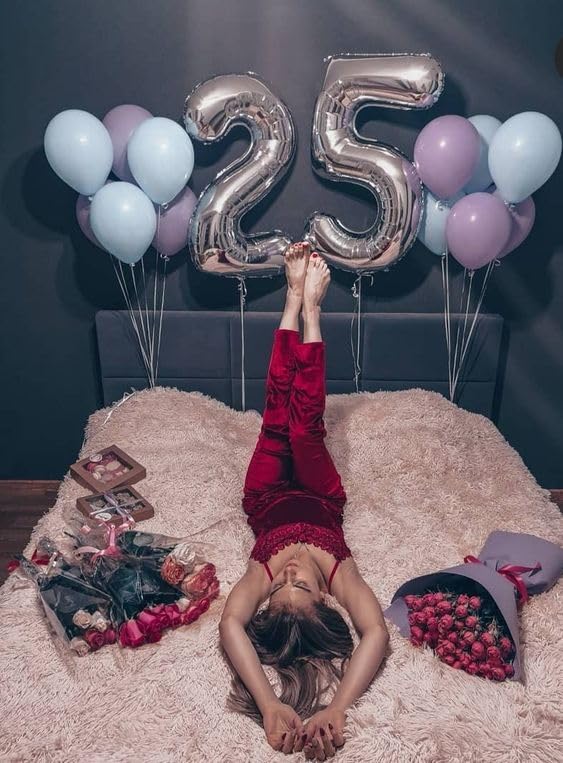 Image of Silver Number 25 Balloon 40 inch, 25 Number Balloons, 25th Silver Birthday Decorations, 25 Year Old Women Men Silver Party Supplies