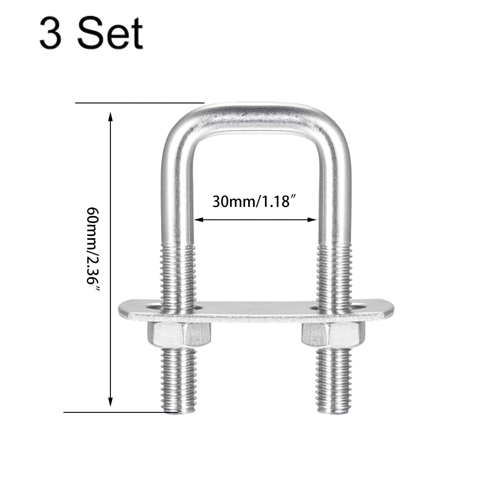 TOP-VIGOR 3 sets M8 Square U-Bolts, 30mm Inner Width 60mm Length 304 Stainless Steel U-Bolts with Nut - Image 2