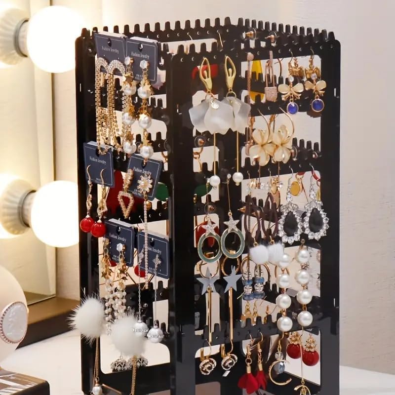 Image of DecoLogy 360 Rotating Transparent Acrylic Jewelry Organizer Tower | Earring Holder Stand with Necklace, Ring & Bracelet Storage | Dust-Free Jewelry Display Organizer for Women | 1 Piece (Black)