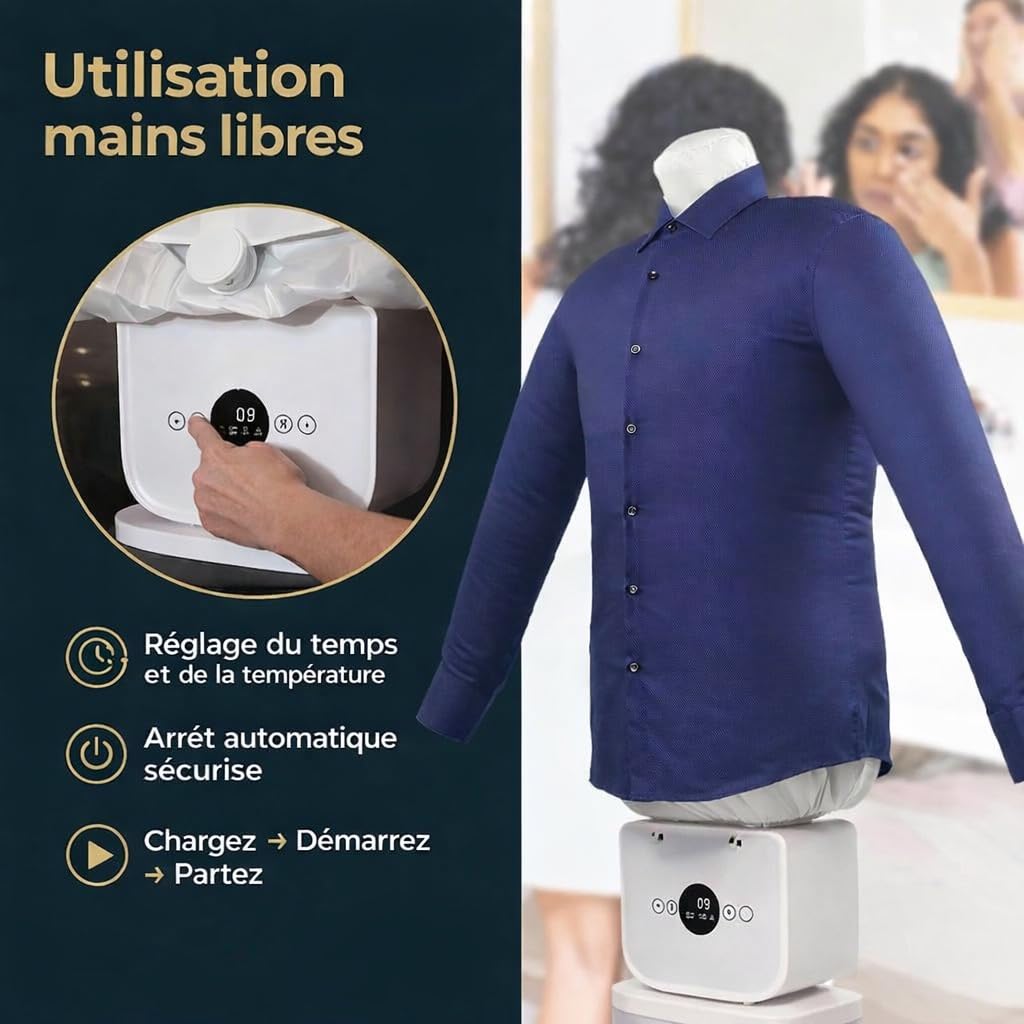 Défroisseur chemise automatique – Repassage sans fer – Séchage rapide 10–15 min – Chemises et pantalons sans plis – Appareil compact à air chaud