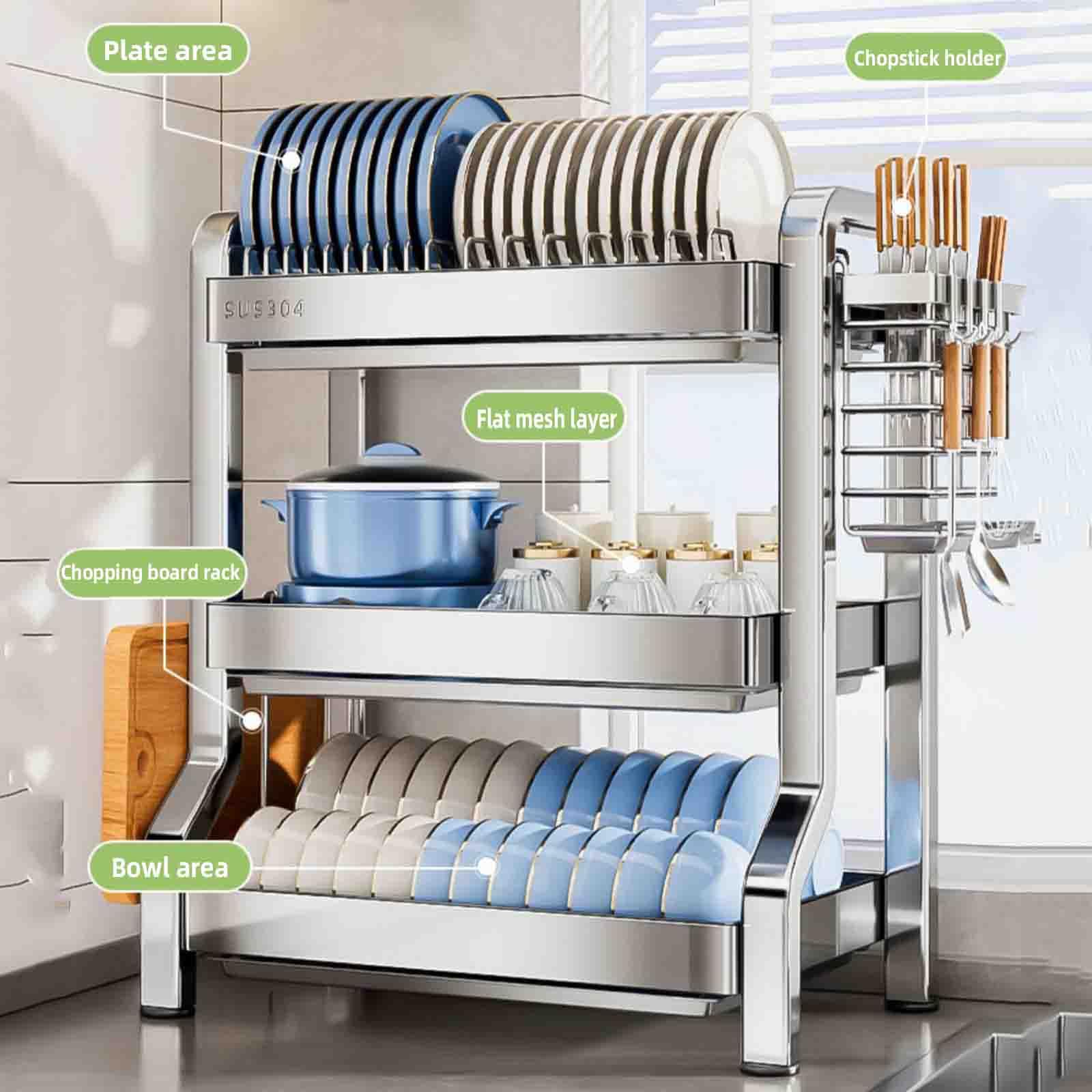 Abtropfgestell Geschirr Geschirrabtropfgestell Dish Rack Geschirrständer Abtropfhalter Ständer Geschirrablage Abtropfschale Geschirrkorb Besteckkorb Schneidebretthalter Edelstahl (silver,40x26x63cm)