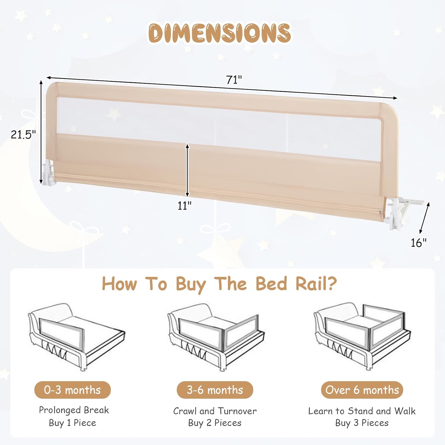 GLACER Foldable Bed Rail for Toddlers - 71" Bedrail w/Safety Straps, Child Lock & Removable Oxford Cover, Swing Down Baby Bed Rail Guard for Crib, Full, Twin, Double, Queen & King Bed (Beige, 1 Pack)