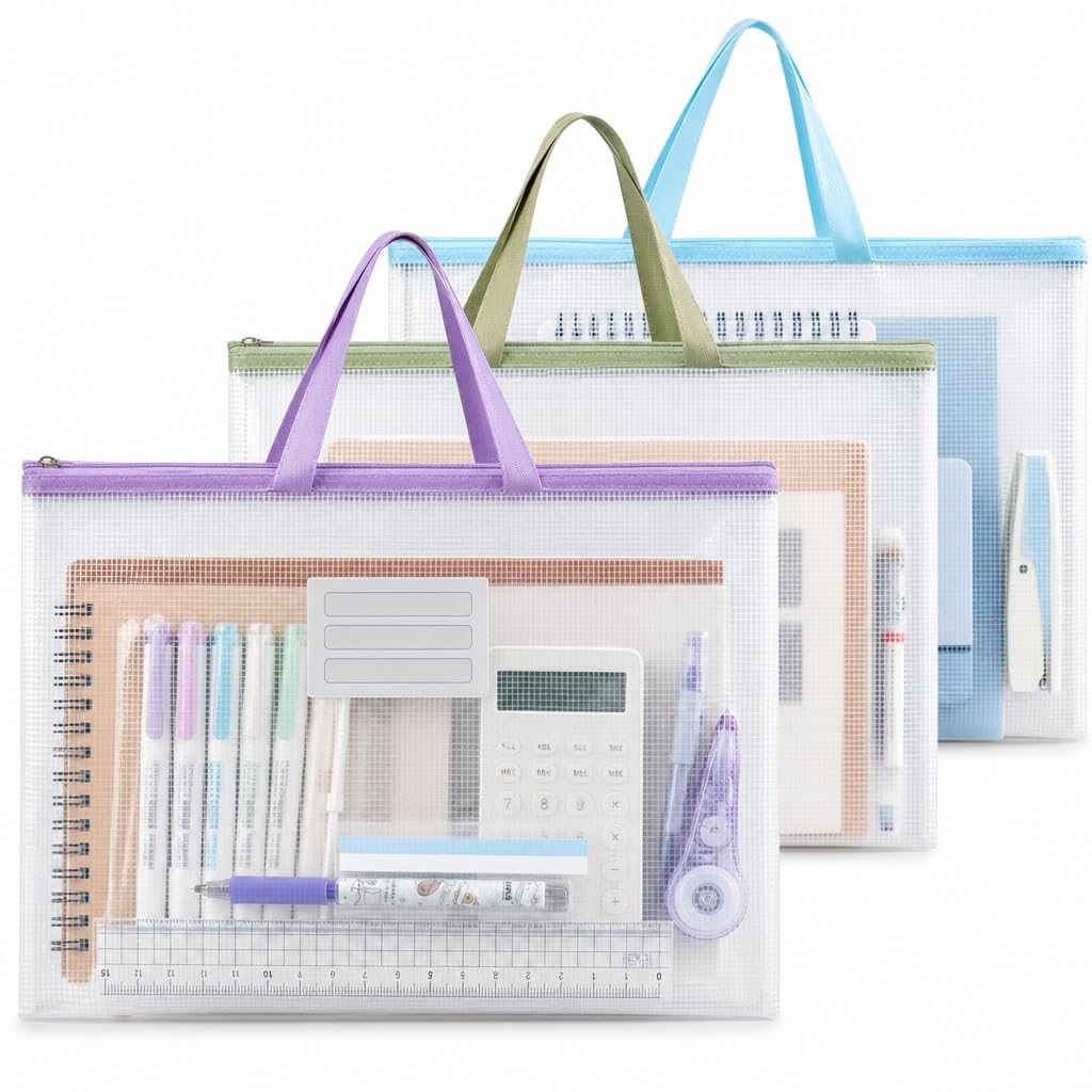 Kuwuarg 3 Pack A3 Art Folder, A3 Folder Carry Case, Mesh Portfolio Bag, Waterproof Transparent Portfolio Case, Zipper & Handle Storage Bag for Posters and Drawings.