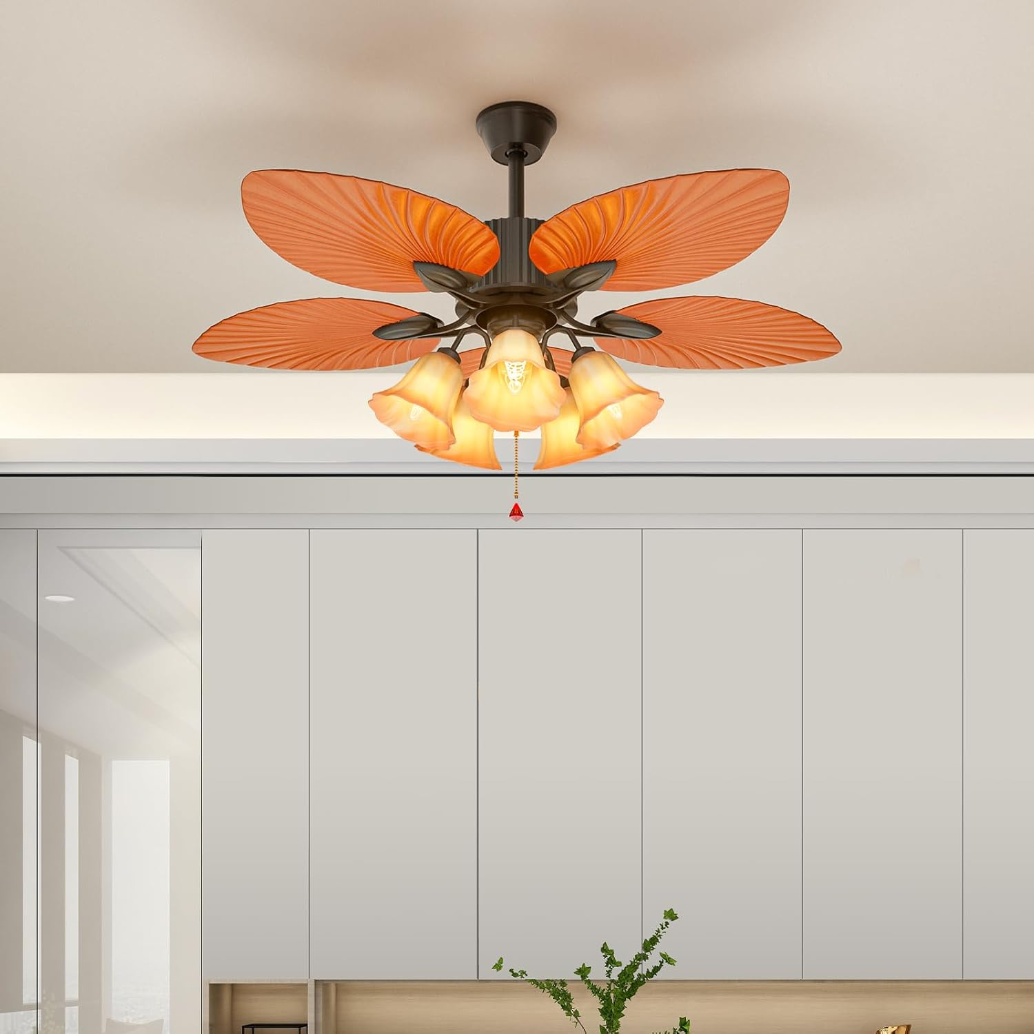 Athena Collection Low Profile Ceiling Fan with Light and Remote, 52 Inch Tropical Ceiling Fan with Pull Chain 6 Speed Timing and Reversible DC Motor for Indoor Patio, Bulbs Not Include, Black