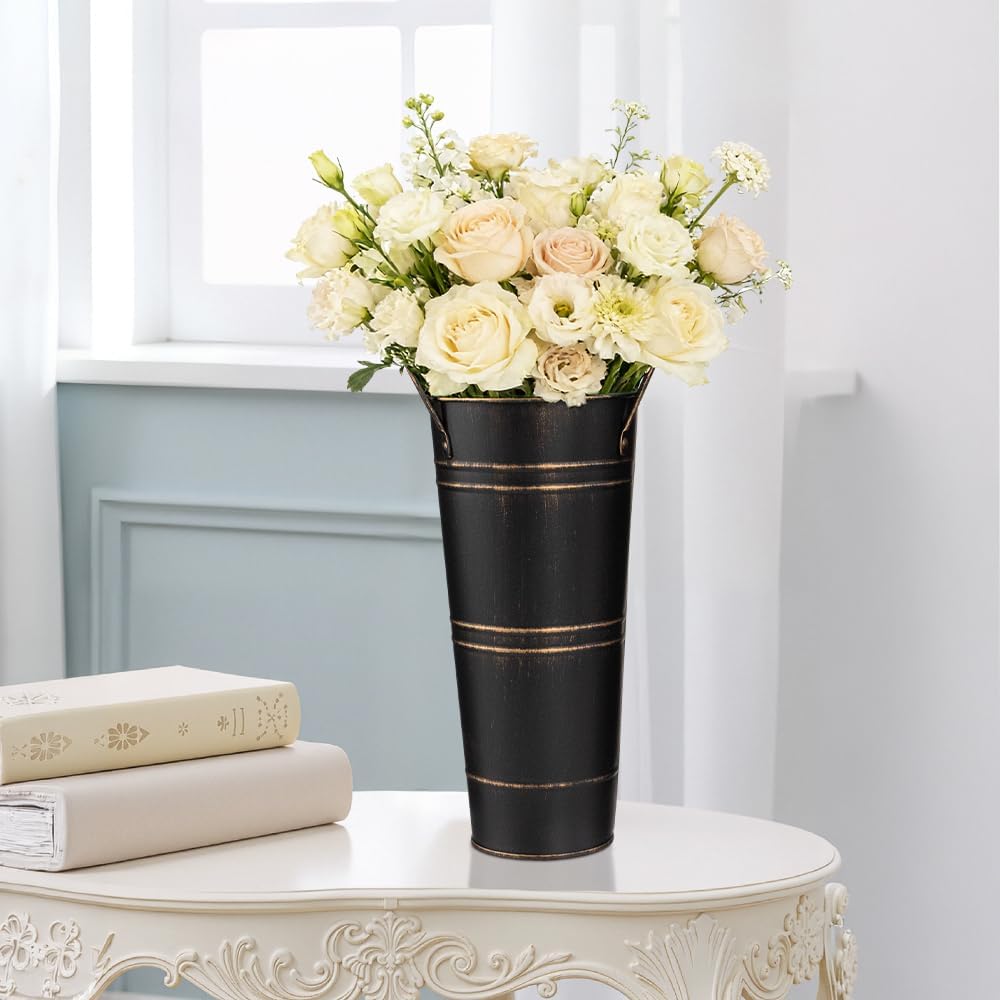 8 Pcs 10 Inch Galvanized Metal Vase, Farmhouse Decorative Flower Buckets for Cut Flowers, French Country Decorative Vases for Home Table Wedding Birthday (Black)