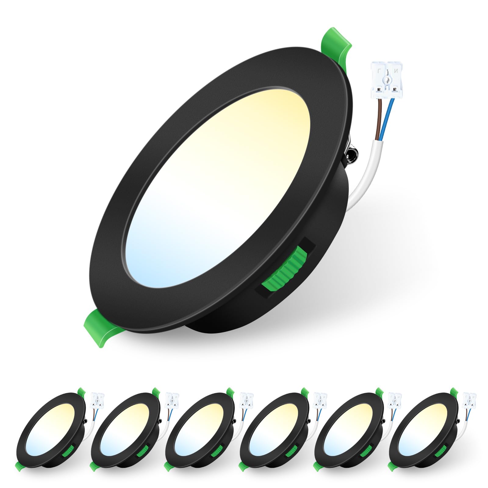 ALUSSO 6 Pack LED Recessed Ceiling Lights Dimmable,7W 580LM 90-100mm Cutout Led Spot AC 220-240V,3CCT 3000K 4000K 6500K Adjustable,IP44 Suitable for Bathroom Living Room Kitchen,Round,Black