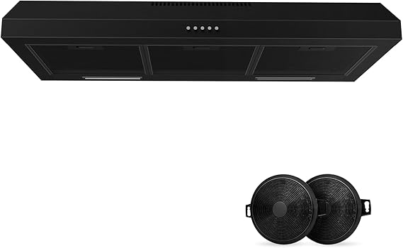 Upgraded 600 CFM Range Hood 36 inch, Black Under Cabinet Range Hood for Duct/Ductless Convertible, Stainless Steel Kitchen Stove Vent with 3 Speed Kitchen Exhaust Fan and Two Bright Energy-Saving LED
