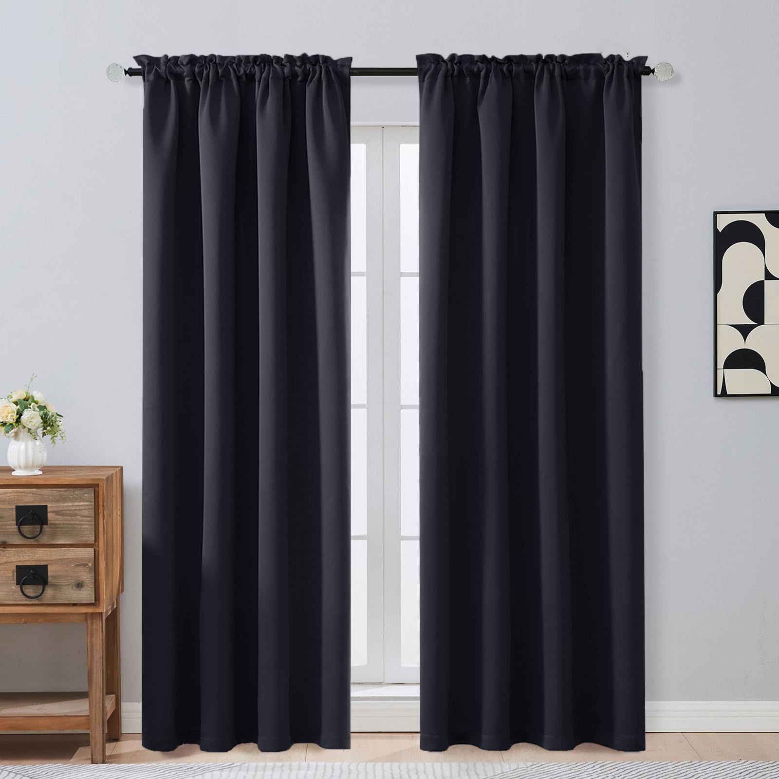 OVZME Black Blackout Curtains 84 Inches Long 2 Panels Set, Solid Thermal Insulated Soft Blackout Curtains for Bedroom, Dual Rod Pocket Window Treatments Drapes for Living Room, 2x50Wx84L Inches
