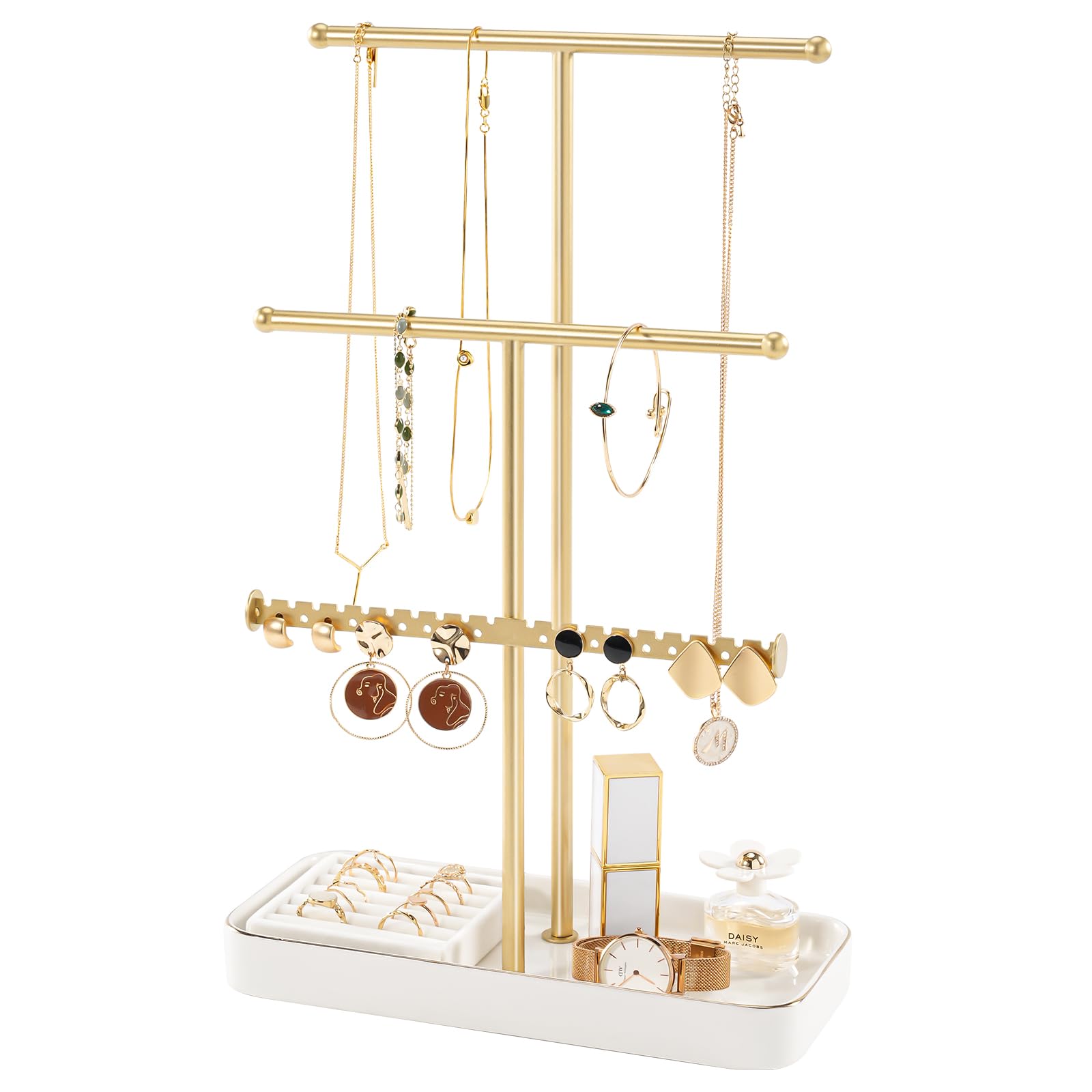 Lolalet Jewelry Necklace Holder with Ceramic Base, 14.2" Gold Jewelry Display Stand with Velvet Ring Tray Jewellery Organizer for Necklaces Bracelets