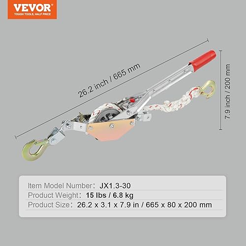 Miniatura 7 de VEVOR Extractor de cuerda, 34 toneladas (1,653 libras) de capacidad de tracción, con 100 pies de 0.6 pulgadas de diámetro. Cuerda, 2 ganchos,