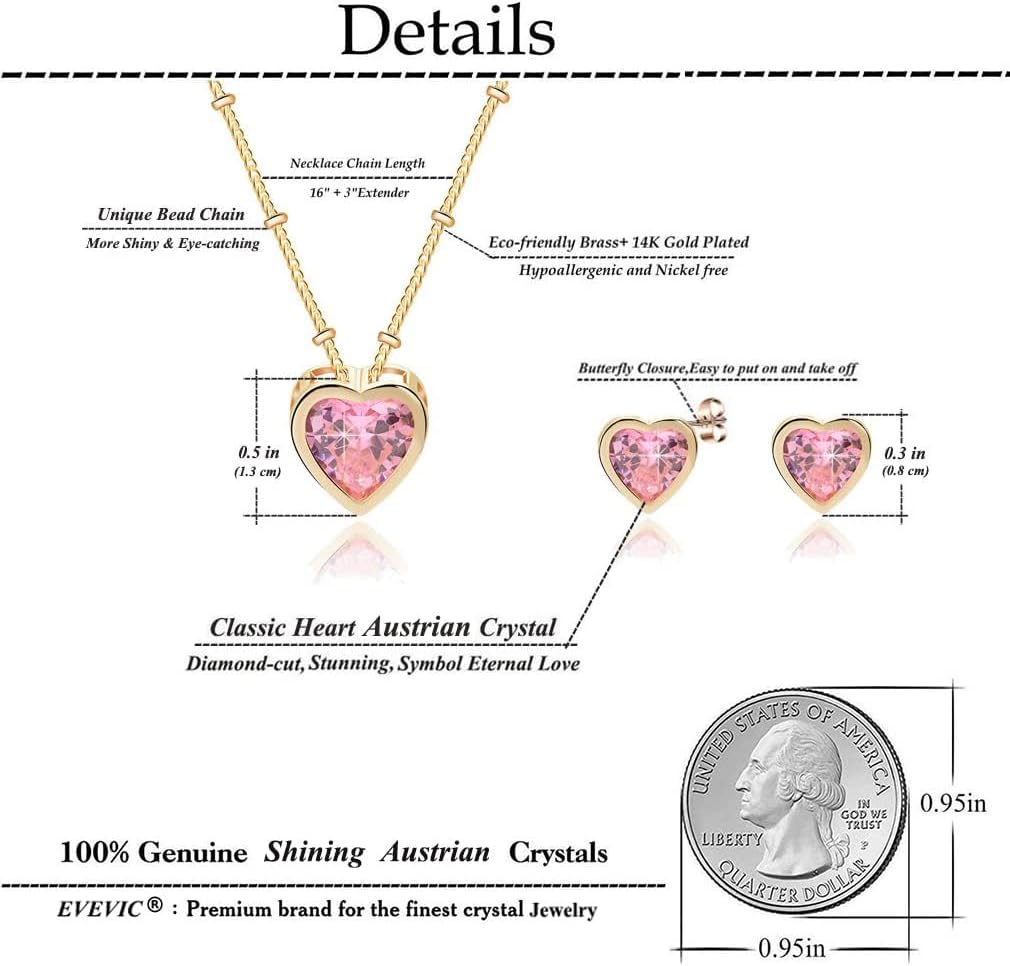 EVEVIC Austrian Crystal Heart Pendant Necklace Earrings for Women 14K Gold Plated Hypoallergenic Jewelry Set - Image 4