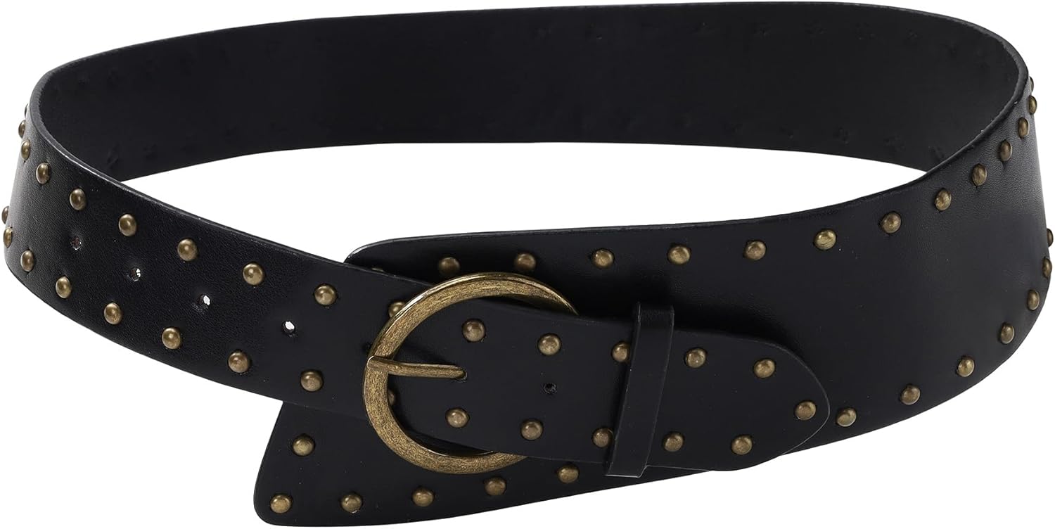Manfnee Women's Fashion Leather Belt Studded Leather Belt Ladies Belts for Jeans Dress Punk Belt