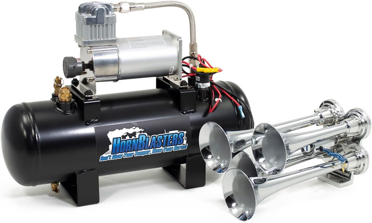 HornBlastersBullet 2 Gallon All-In-One Air Horn Kit - 3 Chrome Trumpets - Easy Install