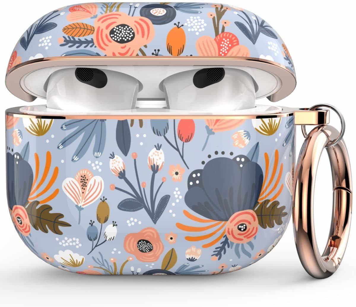 wenew AirPod 3 Case Cover for Apple Airpods 3, Flower Heavy Duty Case for Women Girls Kids Men, AirPods 3rd Generation case with Key Chain, Led Visible, Support Wireless Charging (Blue)