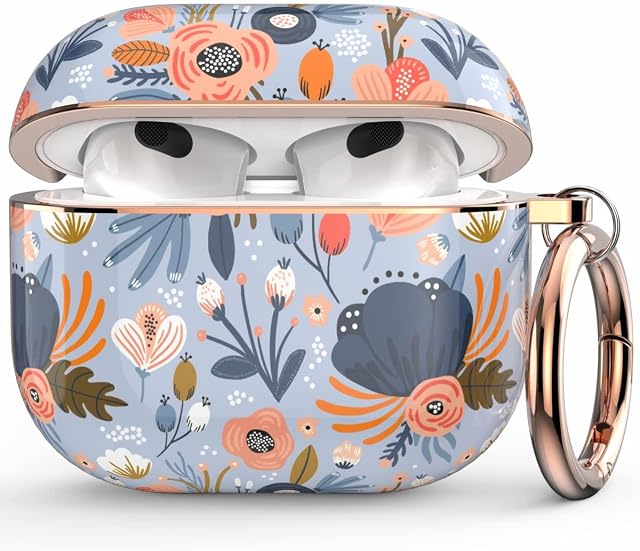 wenew AirPod 3 Case Cover for Apple Airpods 3, Flower Heavy Duty Case for Women Girls Kids Men, AirPods 3rd Generation case with Key Chain, Led Visible, Support Wireless Charging (Blue)