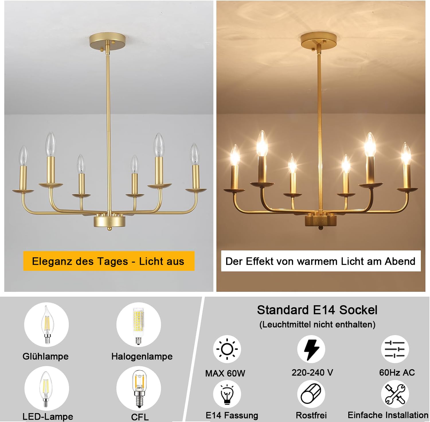 Lustre Salon Industriel Vintage Doré, 6 Lumières Classique Moderne Bougie Suspensions D'éclairage, Métal Lustre Salle à Manger Avec Douille E14, Lustres Or pour Chambre, Cuisine, Couloir