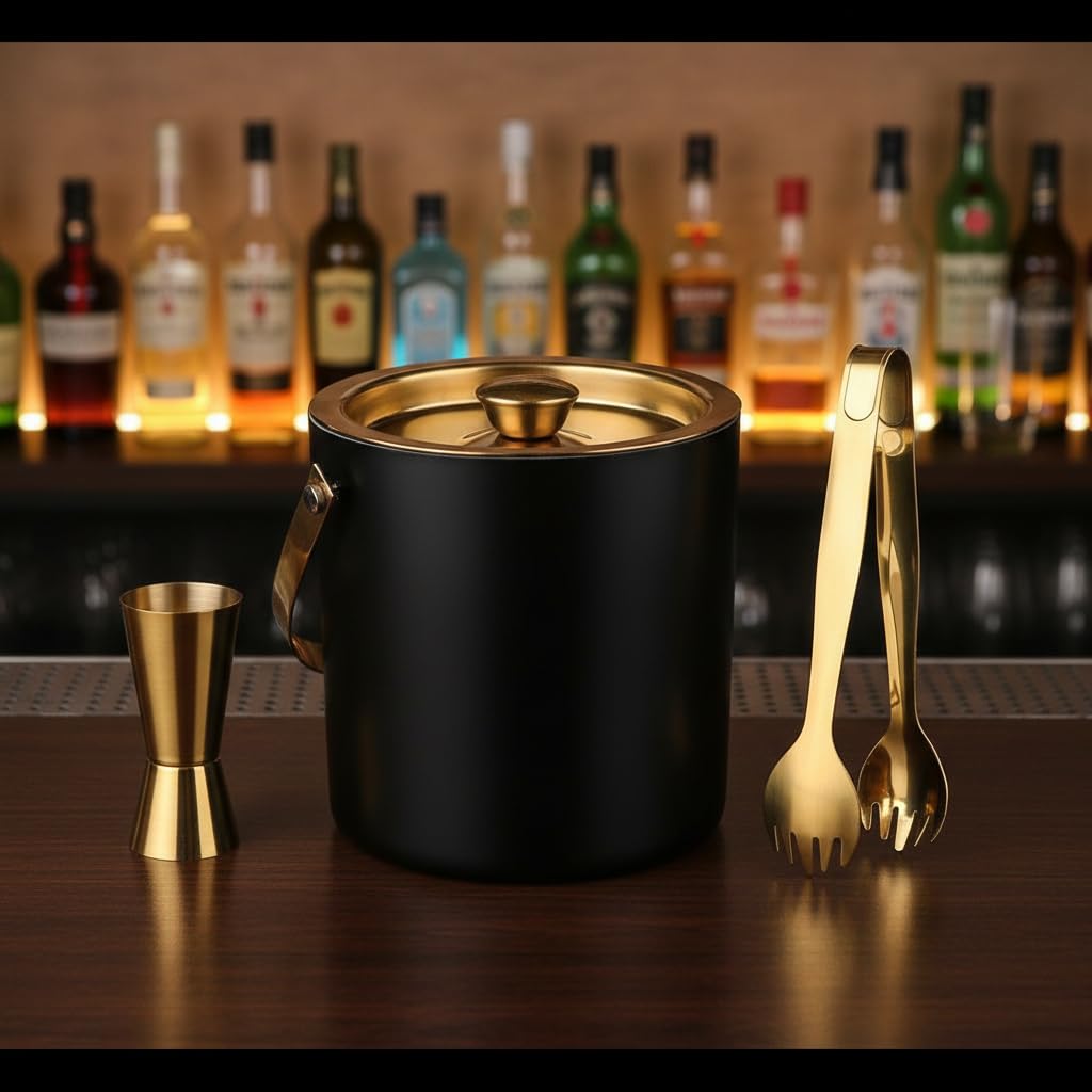 Steren Impex | Stainless Steel 3 Piece Black & Gold (PVD Coated) Bar Set | Double Wall - Ice Bucket, Tong & Peg Measure (Perfect for Gifting) 2