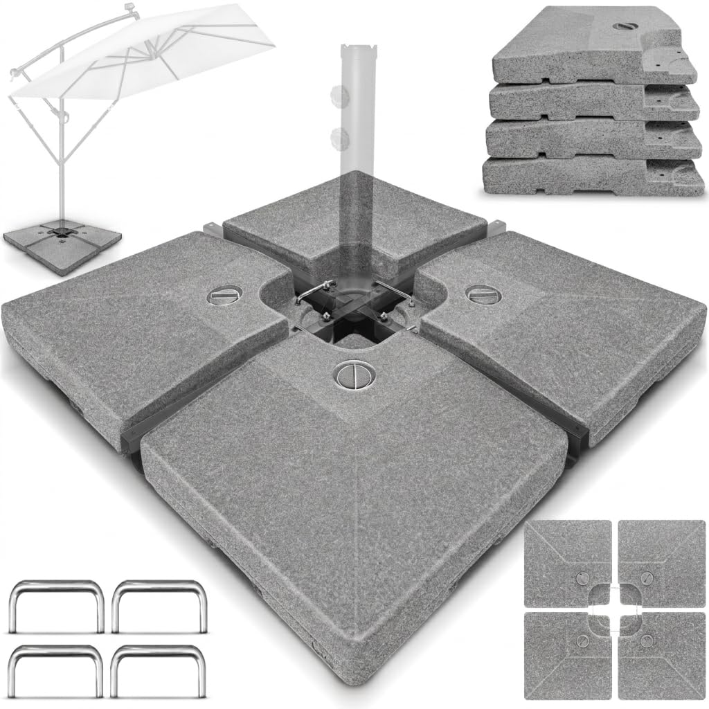 tillvex® Sonnenschirmständer 90 Liter / 120 kg – 4-tlg. für Ampelschirm inkl. Metallverbinder | Schirmgewicht befüllbar mit Wasser oder Sand | Schirmständer Ampelschirmständer wetterfest (Granit-Grau)