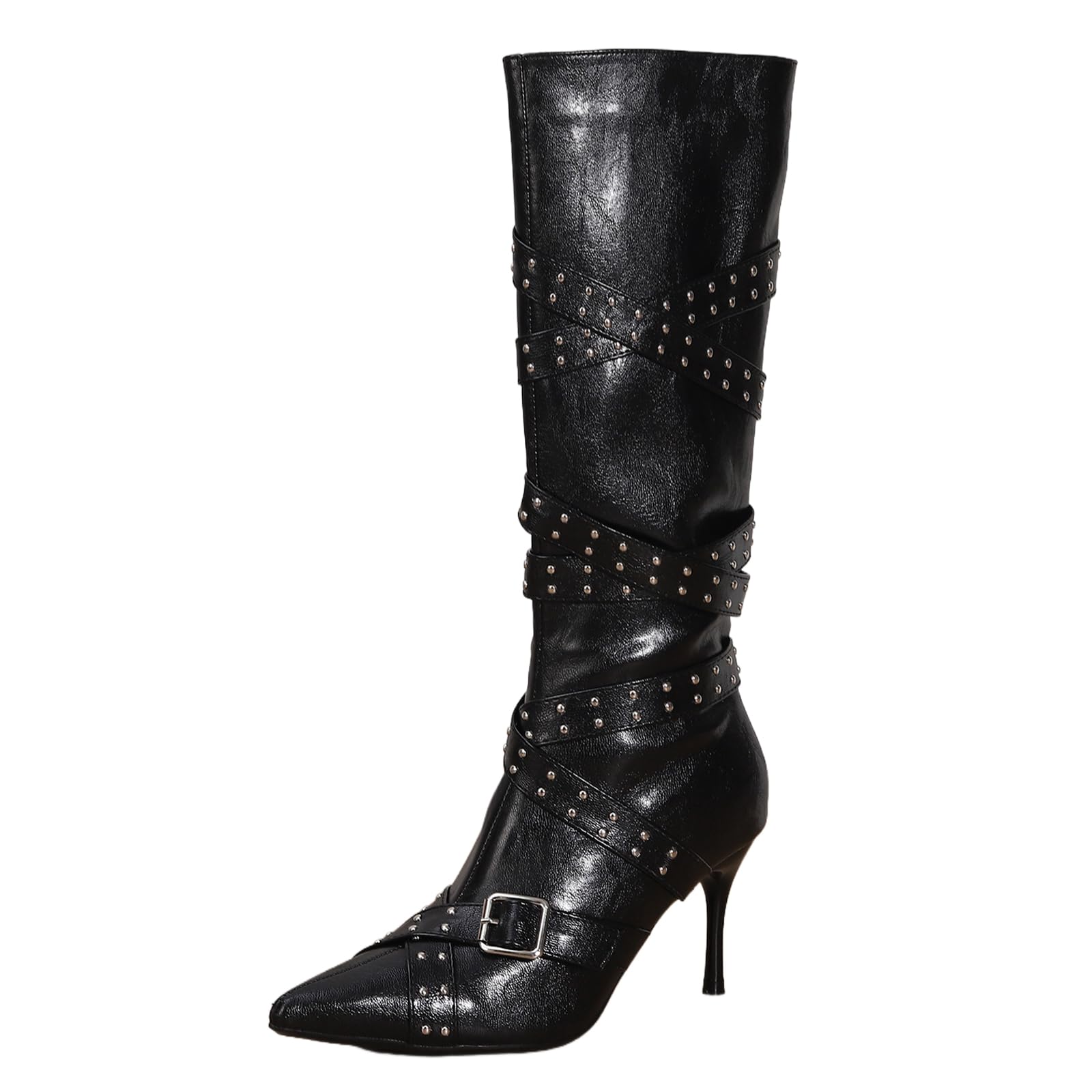 Womens Leather Pointed Toe Knee High Stiletto Boots Rivet Strap Fashion Comfortable Side Zipper High Heel Tall Boots