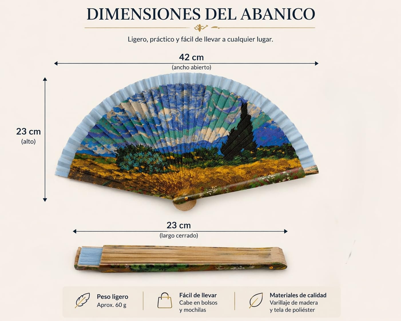 Genérico Ventaglio pieghevole con design artistico, ispirato ai dipinti classici, in legno naturale e tessuto, leggero, elegante e portatile (23 cm chiuso / 40 cm aperto) (turchese-verde)
