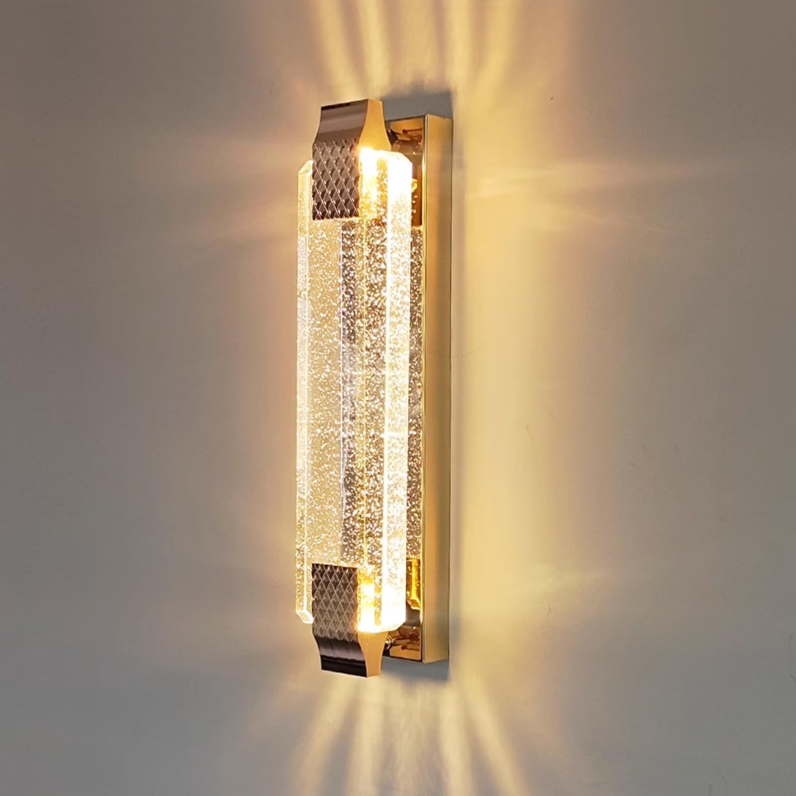12W LED K9 Blasen-Kristall-Wandleuchte Gold Innen, 3 Farbwechsel | Edelstahlrahmen mit Flimmerfreier Stromsparender Integrierter LED, Luxuriöse Kristall-Wandlampe für Wohnzimmer, Schlafzimmer